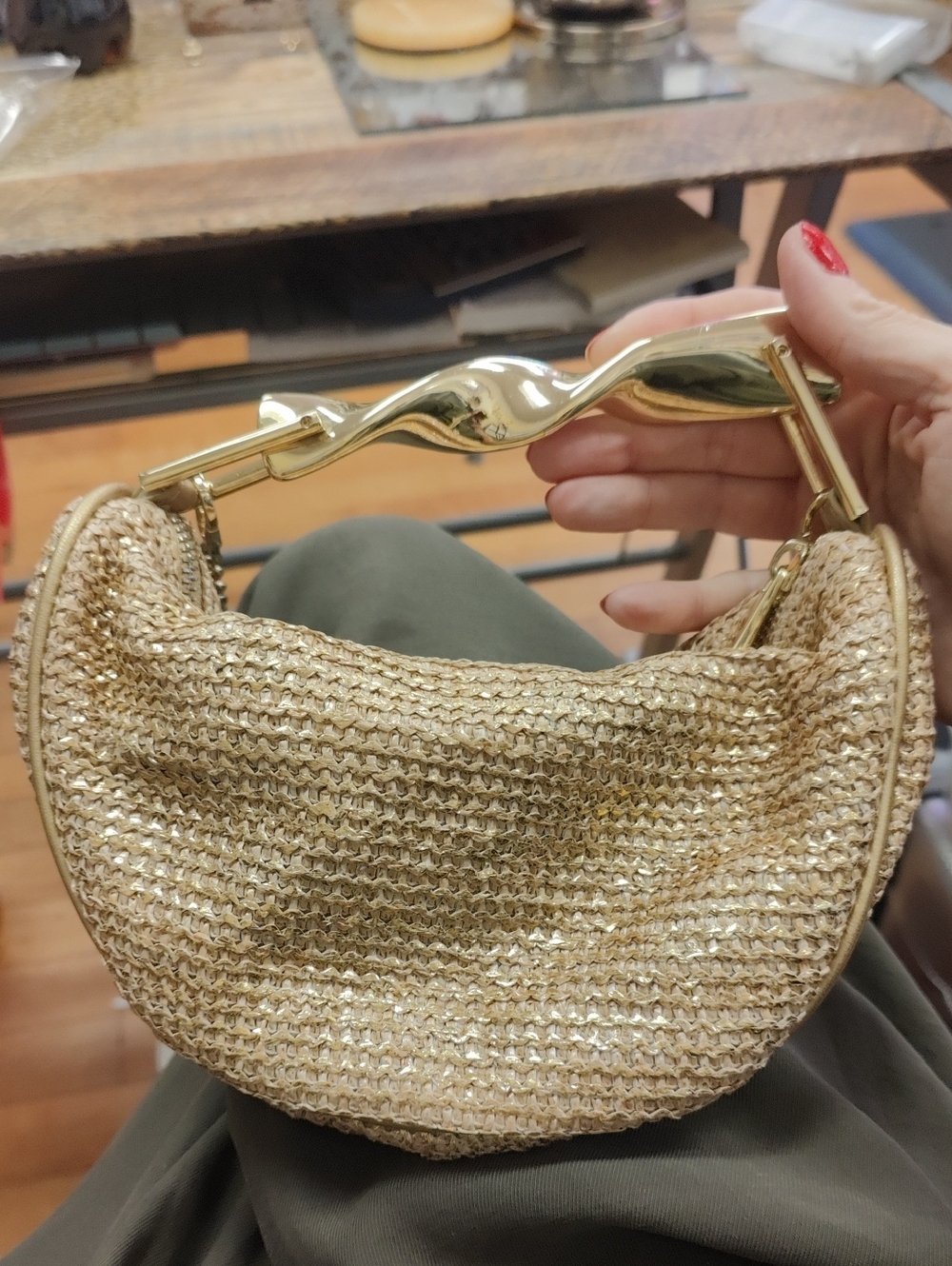 Zara Gold Woven Shoulder Bag with Sculpted Metallic Handle